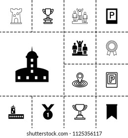 Place icon. collection of 13 place filled and outline icons such as parking, castle, flag, number 1 medal, map location, trophy. editable place icons for web and mobile.