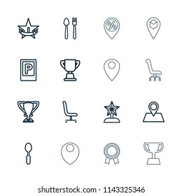 Place icon. collection of 16 place outline icons such as parking, spoon, plate fork and knife, location pin, office chair, trophy. editable place icons for web and mobile.