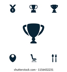 Place icon. collection of 7 place filled icons such as trophy, number 1 medal, plate fork and knife, location. editable place icons for web and mobile.