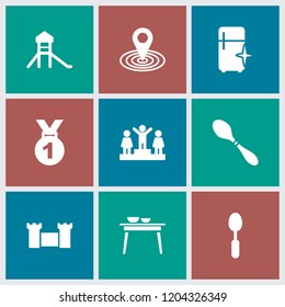 Place icon. collection of 9 place filled icons such as ranking, map location, medal, castle, spoon, table with plates and pan. editable place icons for web and mobile.