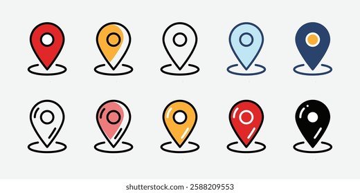 Place, Icon illustration, contact information, pin location, stock illustration. Set of map pin location icons. Map pin place marker. Location icon. GPS location symbol collection