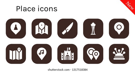 place icon set. 10 filled place icons.  Simple modern icons about  - Placeholder, Map, Knife, Space needle, Location, Castle, Placeholders, Pins