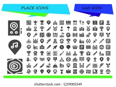  place icon set. 120 filled place icons. Simple modern icons about  - Gps, Maps, Location, Map, Trophy, Parking, Church, Spoon, Destination, Placeholder, Knife, Medal, Pin, Badge