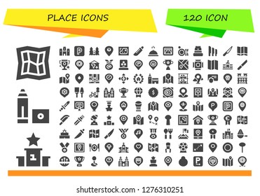  place icon set. 120 filled place icons. Simple modern icons about  - Map, Podium, Marker, Castle, Parking, Location, Knife, Meal, Gps, Plate, Knives, Trophy, Placeholder, Medal
