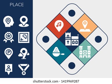 place icon set. 13 filled place icons.  Collection Of - Church, Gps, Medal, Placeholder, Winner, Map, Location, Spoon, Notre dame