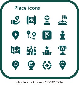 place icon set. 16 filled place icons.  Simple modern icons about  - Location pin, Mapping, Trophy, Achievement, Placeholder, Destination, Parking, Award, Map, Church, Podium