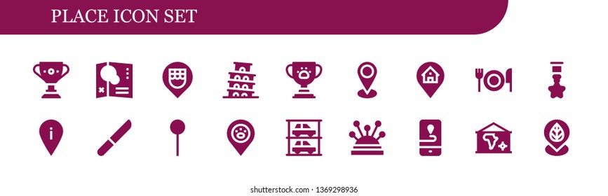 place icon set. 18 filled place icons.  Simple modern icons about  - Trophy, Map, Location, Pisa, Placeholder, Fork, Badge, Knife, Pin, Parkings, Pins, Gps