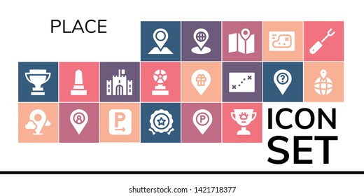 place icon set. 19 filled place icons.  Simple modern icons about  - Placeholder, Trophy, Parking, Medal, Parking sign, Award, Monument, Castle, Map, Maps, Fork