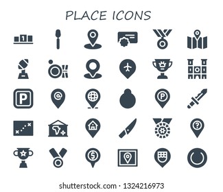 place icon set. 30 filled place icons.  Simple modern icons about  - Position, Spoon, Location, Reward, Medal, Map, Trophy, Plate, Pin, Award, Notre dame, Parking, Placeholder