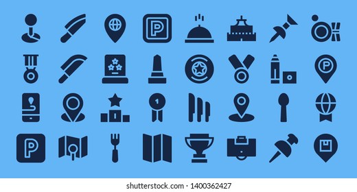 place icon set. 32 filled place icons. on blue background style Simple modern icons about  - Placeholder, Medal, Gps, Parking, Knife, Map, Pin, Award, Podium, Fork, Monument, Badge