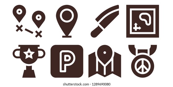  place icon set. 8 filled place icons. Simple modern icons about  - Trophy, Destination, Parking, Placeholder, Map, Knife, Medal