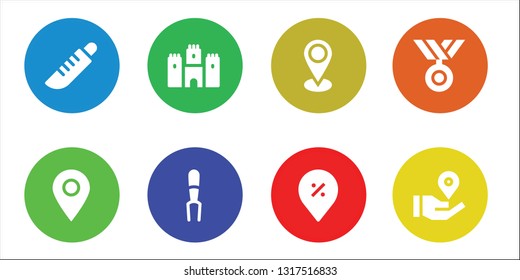 place icon set. 8 filled place icons.  Simple modern icons about  - Knife, Placeholder, Castle, Fork, Pin, Medal, Location pin
