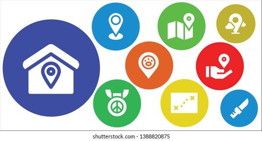 place icon set. 9 filled place icons.  Simple modern icons about  - Location, Placeholder, Map, Medal, Location pin, Knife