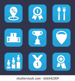 Place icon. set of 9 filled place icons such as award, ranking, number 1 medal, location, trophy, sale location
