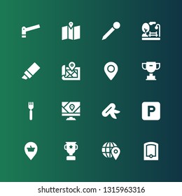 place icon set. Collection of 16 filled place icons included Gps, Pin, Trophy, Placeholder, Parking, Knife, Fork, Map, Marker, Park
