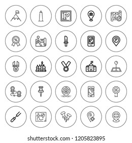 Place icon set. collection of 25 outline place icons with castle, destination, geolocalization, fork, knife, location, map, gps, medal, kremlin, pin icons. editable icons.