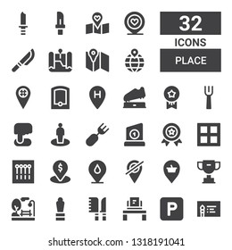 place icon set. Collection of 32 filled place icons included Business card, Parking, Workplace, Knives, Award, Park, Trophy, Placeholder, Pins, Border, Medal, Fork, Location, Position