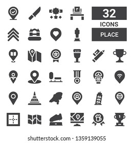 place icon set. Collection of 32 filled place icons included Trophy, Award, Gps, Map, Border, Placeholder, Pisa, Doi suthep, Pin, Parking meter, Medal, Park, Marker, Goblet, Location