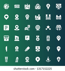 place icon set. Collection of 36 filled place icons included Placeholder, Position, Pin, Pisa, Medal, Location, Gps, Marker, Award, Knife, Parking, Trophy, Fridge, Defibrillator