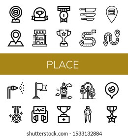 place icon set. Collection of Placeholder, Pin, Award, Prizes, Badge, Trophy, Knife, Destination, Fire hose, Medal, Defibrillator, Big ben, Park, Marker, Fire location icons