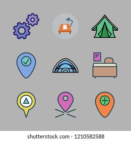 place icon set. vector set about desk, placeholder, settings and tent icons set.