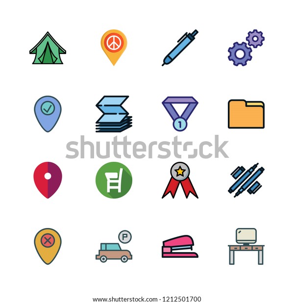 place icon set. vector set about medal, tent,\
office material and desk icons\
set.