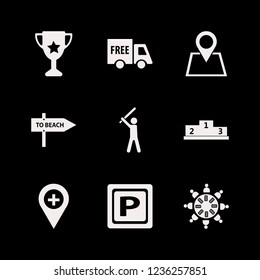 place icon. place vector icons set work group at the table, baseball player, winners podium and hospital location
