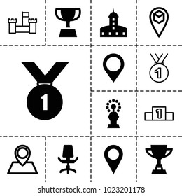 Place icons. set of 13 editable filled and outline place icons such as castle, office chair, map location, trophy, number 1 medal, location pin, medal, ranking