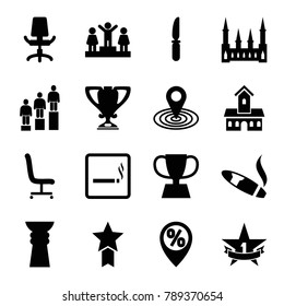 Place icons. set of 16 editable filled place icons such as smoking area, castle, ranking, map location, knife, office chair, trophy, 1st place star, medal with star, cigarette