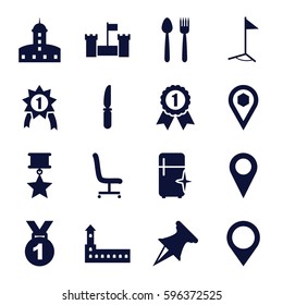 place icons set. Set of 16 place filled icons such as castle, clean fridge, knife, location, office chair, flag, map location, pin, number 1 medal, medal with star, medal