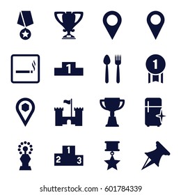 place icons set. Set of 16 place filled icons such as smoking area, clean fridge, trophy, location, ranking, location pin, castle, pin, number 1 medal, medal with star