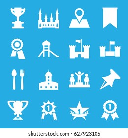 Place Icons Set. Set Of 16 Place Filled Icons Such As Castle, Award, Ranking, Location Pin, Trophy, 1st Place Star, Flag, Pin, Number 1 Medal