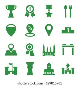 Place icons set. set of 16 place filled icons such as castle, award, trophy, location pin, ranking, number 1 medal, medal with star, location, sale location