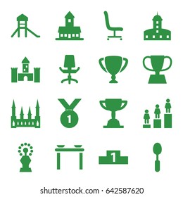 Place icons set. set of 16 place filled icons such as castle, ranking, spoon, office chair, trophy, number 1 medal