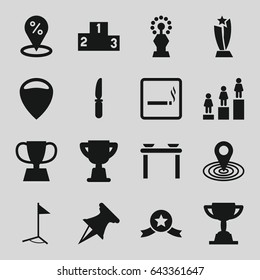 Place icons set. set of 16 place filled icons such as smoking area, ranking, map location, knife, trophy, flag, pin, medal with star, location, sale location