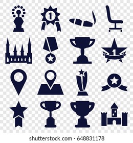 Place Icons Set. Set Of 16 Place Filled Icons Such As Castle, Cigarette, Location Pin, Office Chair, 1st Place Star, Trophy, Number 1 Medal, Medal With Star