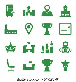 Place Icons Set. Set Of 16 Place Filled Icons Such As Smoking Area, Castle, Clean Fridge, Ranking, Map Location, Trophy, Location Pin, Location, Office Chair, 1st Place Star