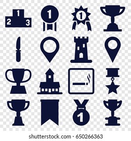 Place icons set. set of 16 place filled icons such as smoking area, castle, trophy, knife, ranking, map location, flag, number 1 medal, medal with star, medal