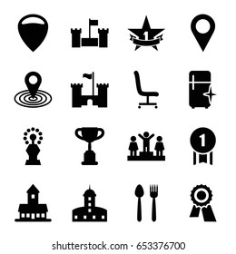 Place Icons Set. Set Of 16 Place Filled Icons Such As Castle, Clean Fridge, Award, Ranking, Map Location, Office Chair, 1st Place Star, Location Pin, Trophy, Number 1 Medal