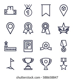 Place Icons Set. Set Of 16 Place Outline Icons Such As Parking, Castle, Award, Location, Flag, Location Pin, 1st Place Star, Ranking, Medal, Trophy, Number 1 Medal