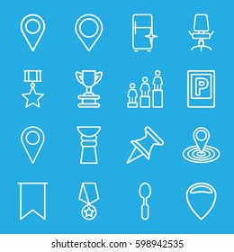 place icons set. Set of 16 place outline icons such as parking, clean fridge, ranking, map location, spoon, office chair, flag, location pin, trophy, medal with star, location