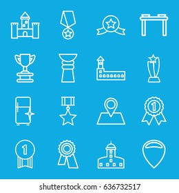 Place icons set. set of 16 place outline icons such as castle, clean fridge, award, location pin, trophy, number 1 medal, medal with star, table with plates and pan