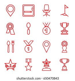 Place icons set. set of 16 place outline icons such as smoking area, award, spoon, office chair, map location, flag, 1st place star, trophy, medal, star trophy, number 1 medal