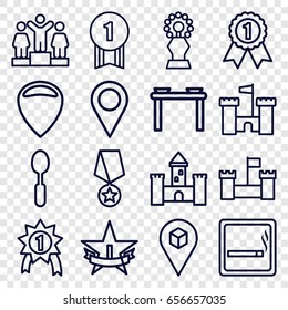 Place Icons Set. Set Of 16 Place Outline Icons Such As Smoking Area, Ranking, Spoon, Location, Location Pin, Castle, 1st Place Star, Trophy, Number 1 Medal, Medal With Star