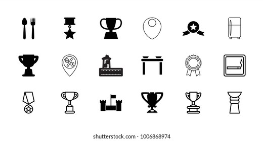 Place icons. set of 18 editable filled and outline place icons: table with plates and pan, castle, plate fork and knife, trophy, medal with star, smoking area, clean fridge