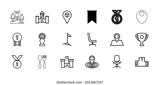 Place icons. set of 18 editable outline place icons: flag, map location, location pin, location, office chair, ranking, trophy, number 1 medal, castle, medal