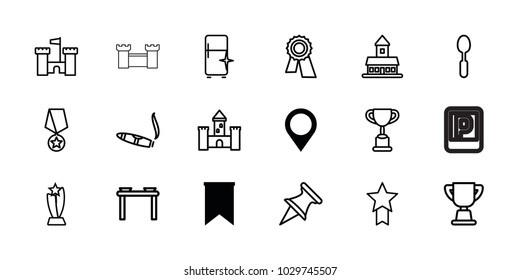 Place icons. set of 18 editable outline place icons: map location, flag, castle, cigarette, clean fridge, award, trophy, table with plates and pan, spoon, pin, medal with star