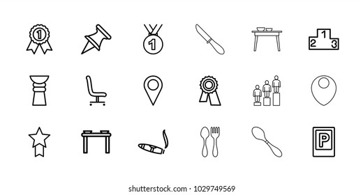 Place icons. set of 18 editable outline place icons: parking, cigarette, award, medal, table with plates and pan, pin, location, office chair, ranking, trophy, number 1 medal