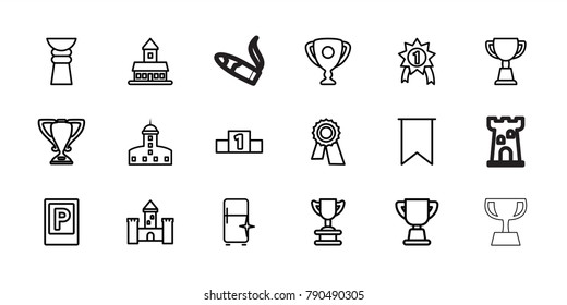 Place icons. set of 18 editable outline place icons: parking, castle, clean fridge, award, trophy, flag, ranking, number 1 medal