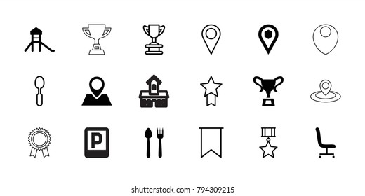 Place icons. set of 18 editable filled and outline place icons: castle, plate fork and knife, location, office chair, trophy, spoon, flag, medal with star, parking, award